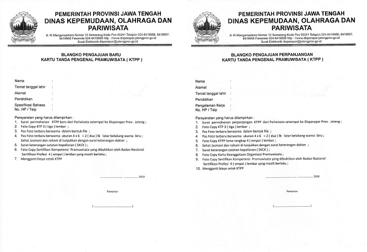 BLANGKO PENGAJUAN BARU/PERPANJANGAN KARTU TANDA PENGENAL PRAMUWISATA (KTTP)